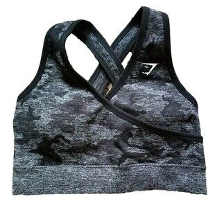 Gymshark Adapt Wrap Sports Bra Size XS Gray Black Camo Print Seamless Logo